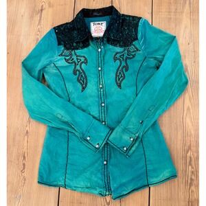 Roar Women Teal Lace Embellished Western Button Up Shirt Rhinestone Accents M